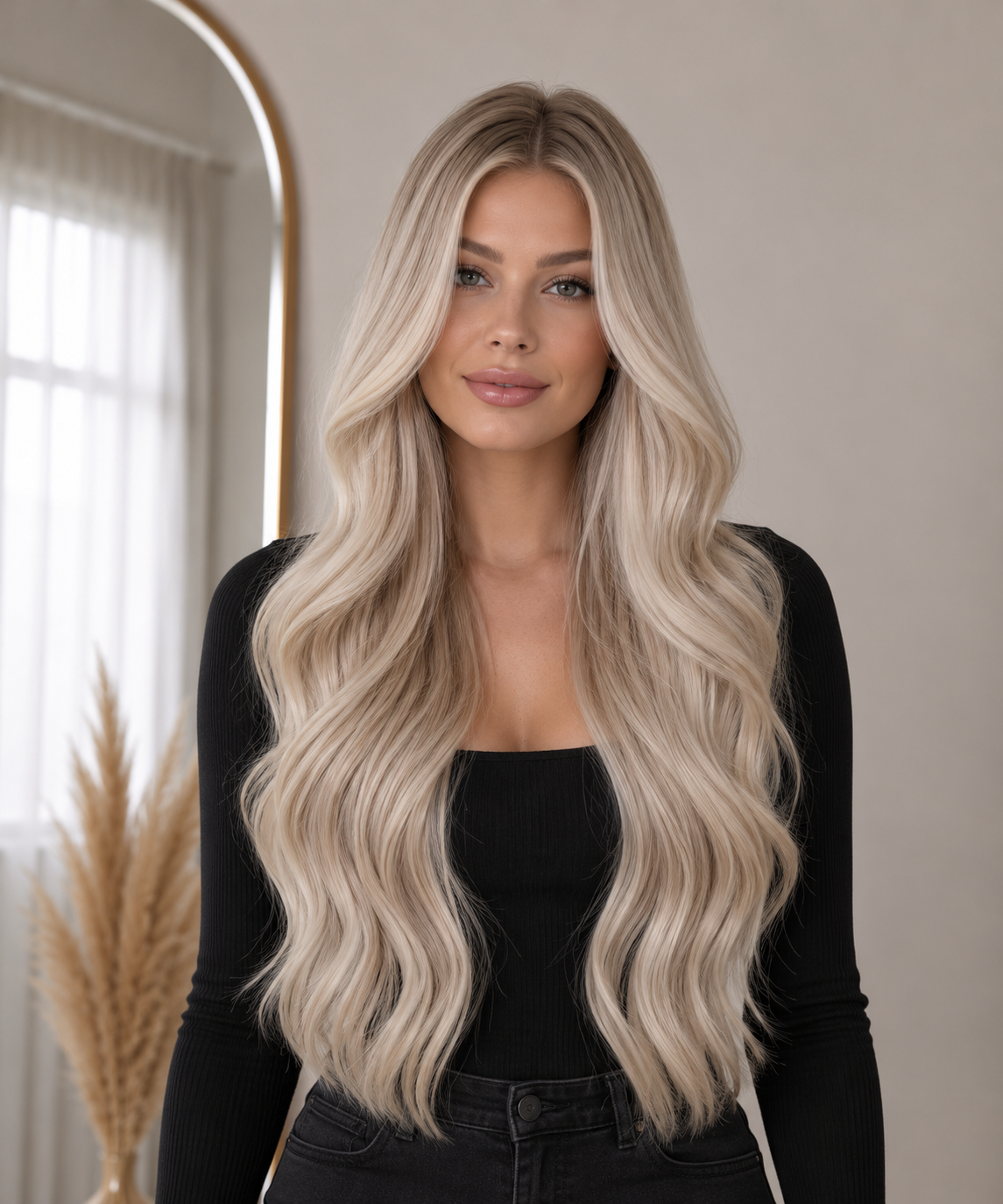PREMIUM INVISIBLE WEFT #18A/1001P PEARL BEIGE BLONDE / PÄRLBEIGE BLOND - modellbild framifrån