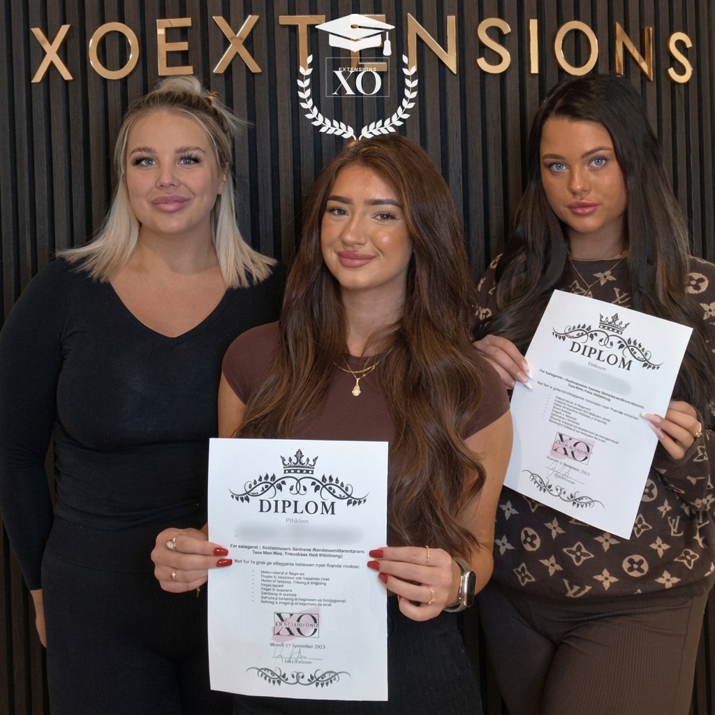 Tre diplomerade elever efter kombo-utbildning i extensions hos XO Academy