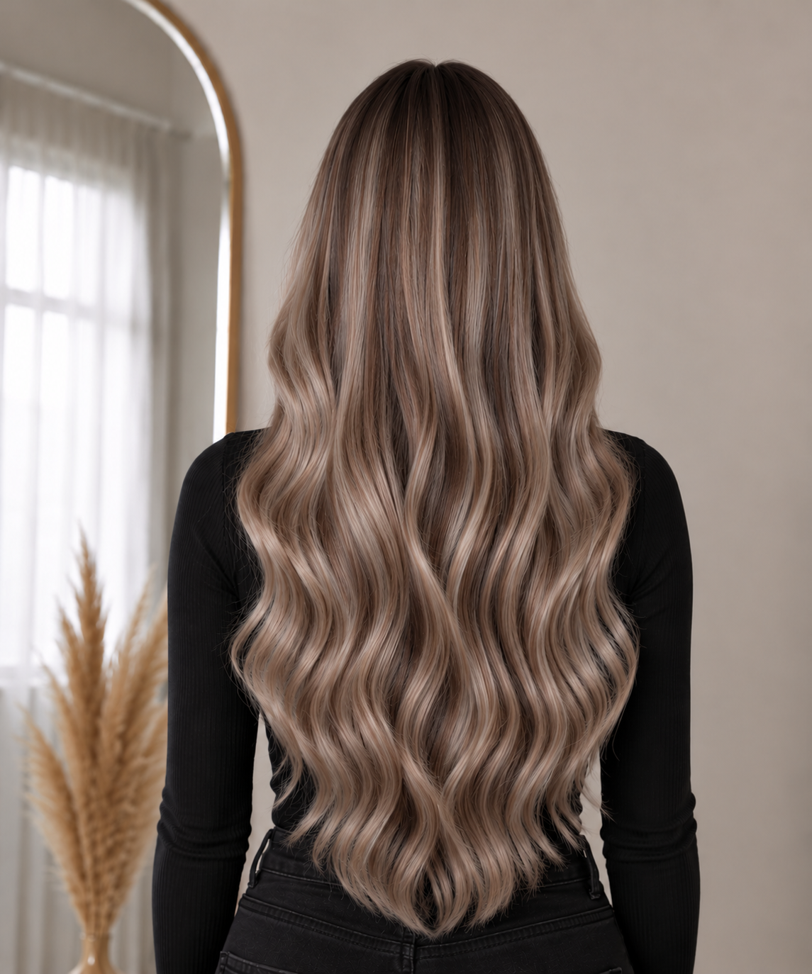PREMIUM INVISIBLE WEFT #TFV Soft Ash Brown / Mjuk askbrun - modellbild bakifrån