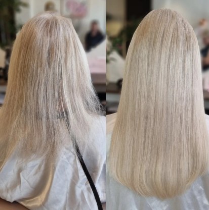 Före och efter hos XoExtensions: kort, tunt och slitet blont hår till vänster och långt, tjockt och glansigt ljusblont hår med extensions till höger.