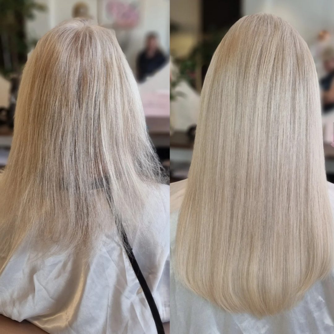 Före och efter hos XoExtensions: blont hår med tunna toppar till vänster och jämnt, tjockt ljusblont hår efter 50 gram mini tape till höger.