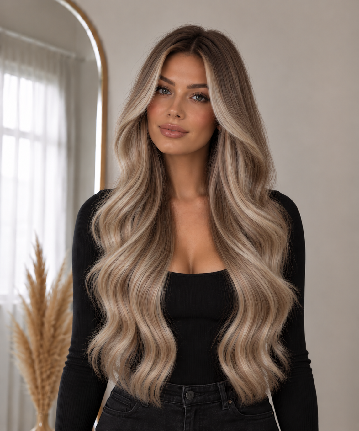 PREMIUM INVISIBLE WEFT #TSK SMOKY ASH BLONDE / RÖKIG ASKBLOND - modellbild framifrån
