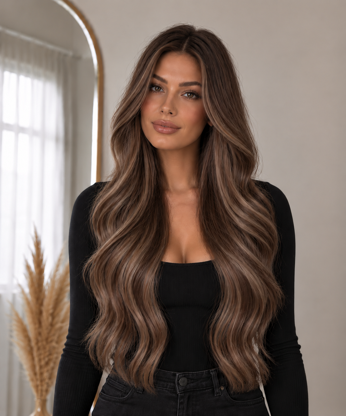 PREMIUM INVISIBLE WEFT #TAC COOL MOCHA BROWN / KALL MOCKABRUN - modellbild framifrån