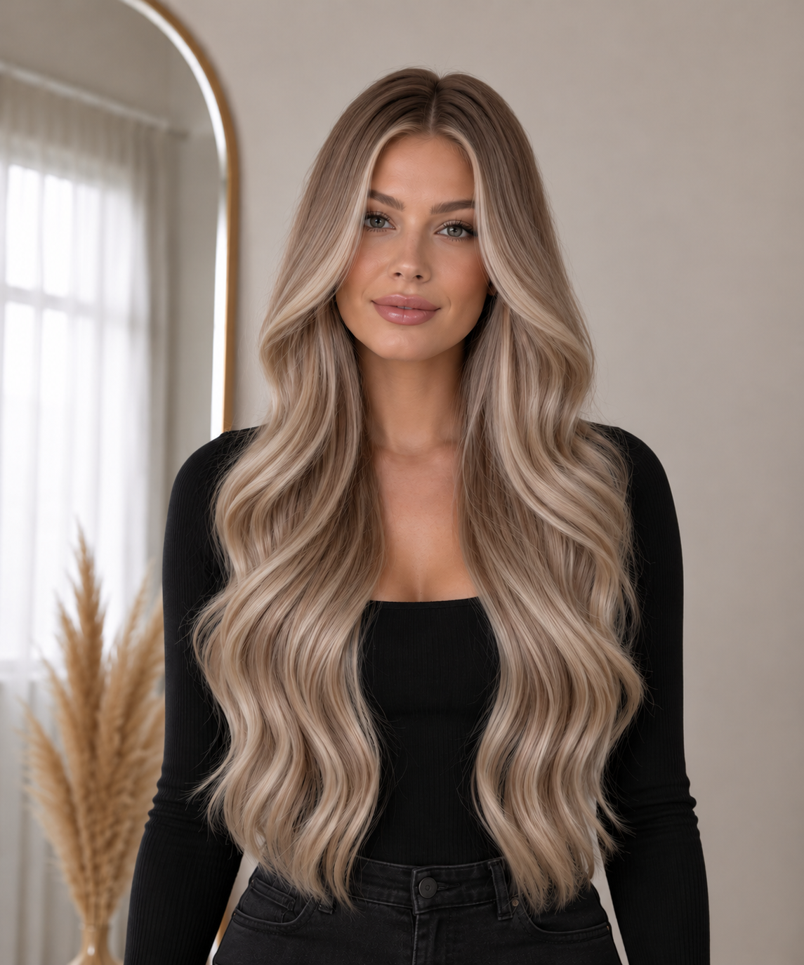 PREMIUM INVISIBLE WEFT #8A-8A/1001 COOL BEIGE BALAYAGE / KALL BEIGE BALAYAGE - modellbild framifrån