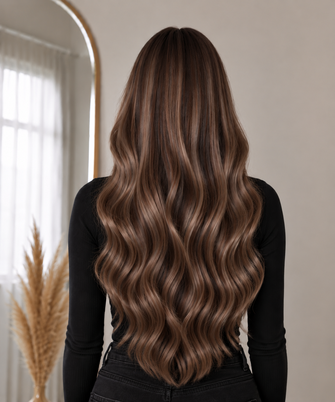 PREMIUM INVISIBLE WEFT #TAC COOL MOCHA BROWN / KALL MOCKABRUN - modellbild bakifrån