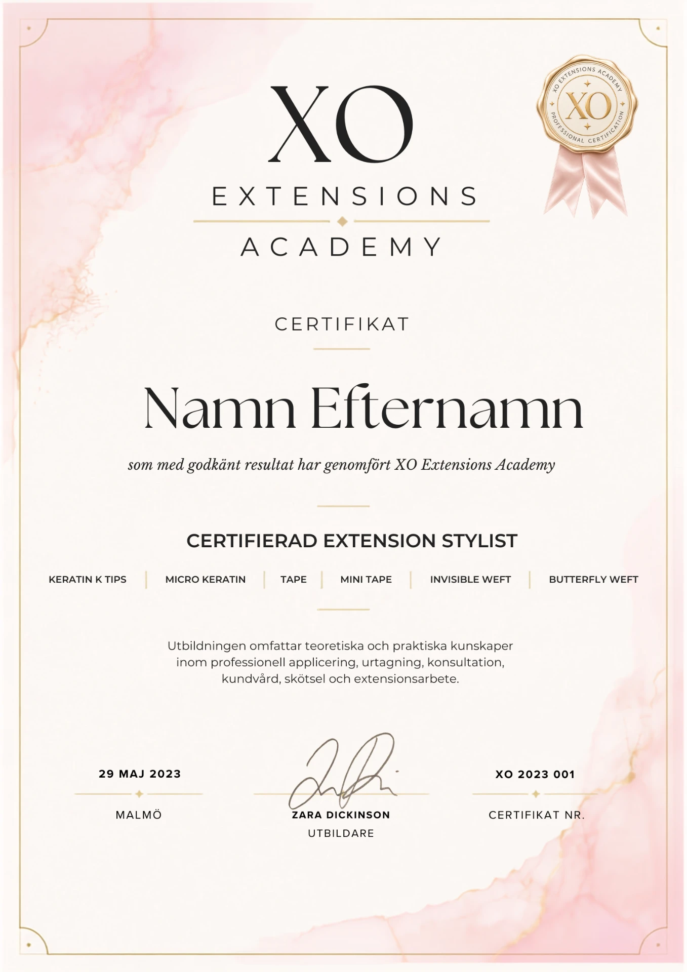 XO Academy certifikat och diplom för genomförd extensionsutbildning