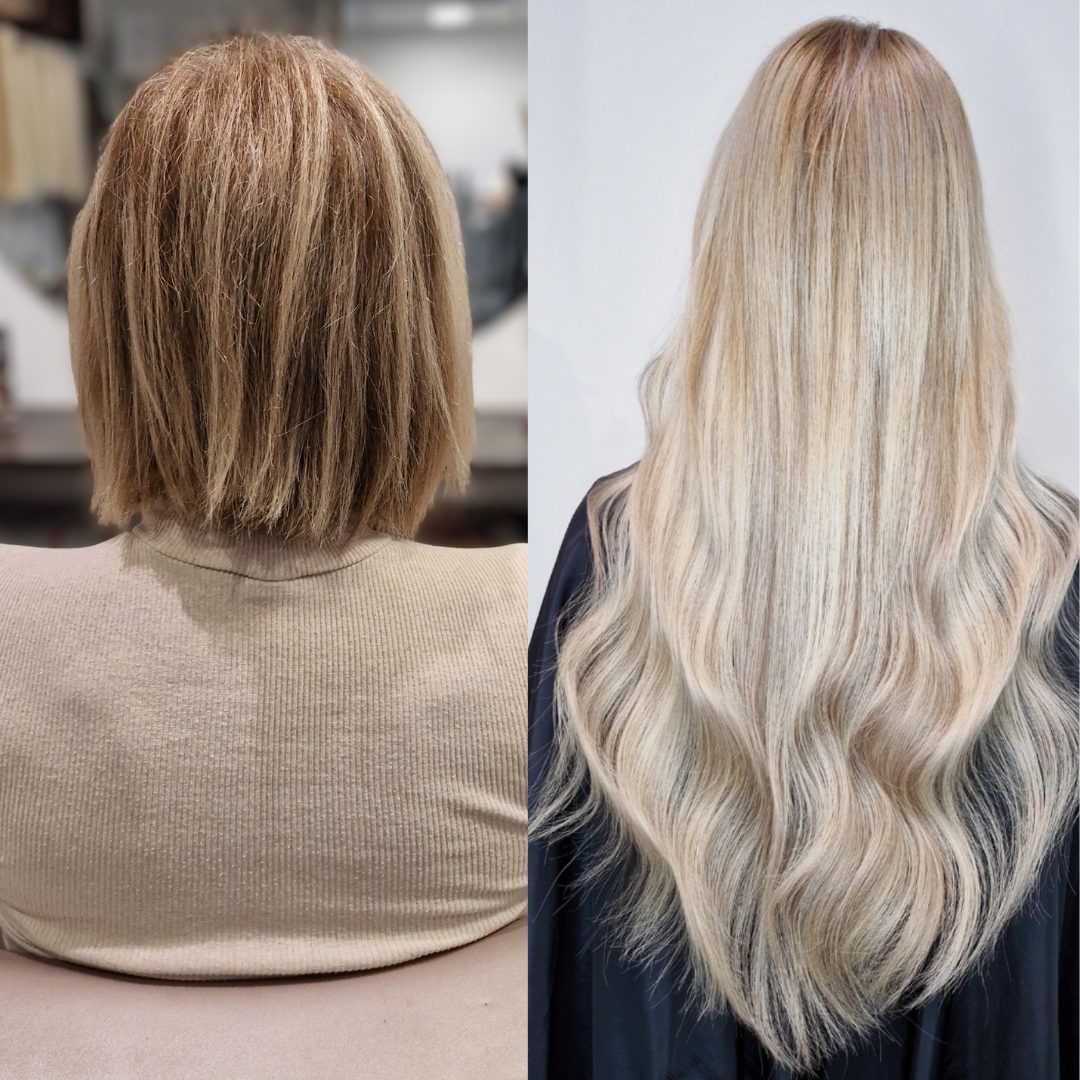 Före och efter hos XoExtensions: kort, torrt blont pagehår till vänster och långt ljusblont hår med mjuka vågor efter 100 gram tape extensions till höger.