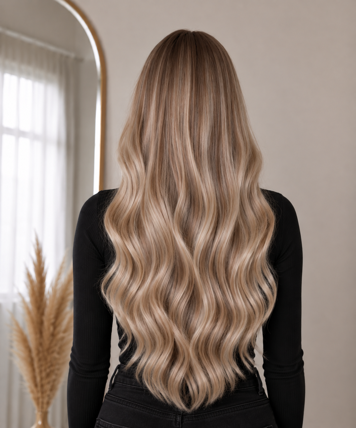 PREMIUM INVISIBLE WEFT #8A-8A/1001 COOL BEIGE BALAYAGE / KALL BEIGE BALAYAGE - modellbild bakifrån