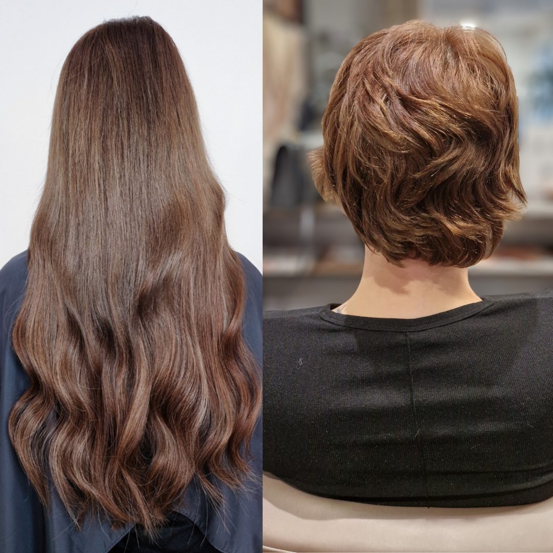 Före och efter hos XoExtensions: långt brunt vågigt hår med extensions till vänster och kort rödbrunt eget hår till höger.