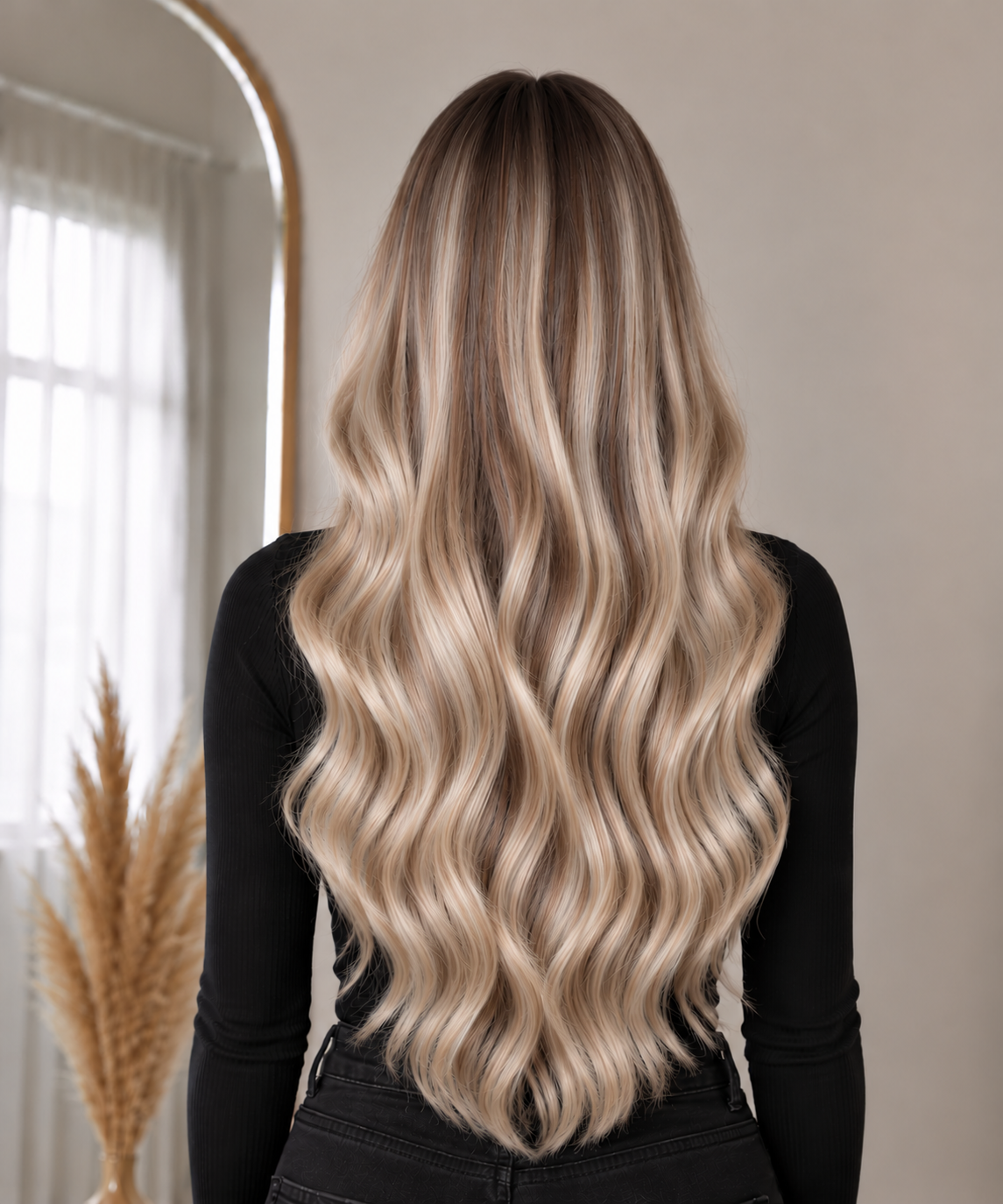PREMIUM INVISIBLE WEFT #TSK SMOKY ASH BLONDE / RÖKIG ASKBLOND - modellbild bakifrån