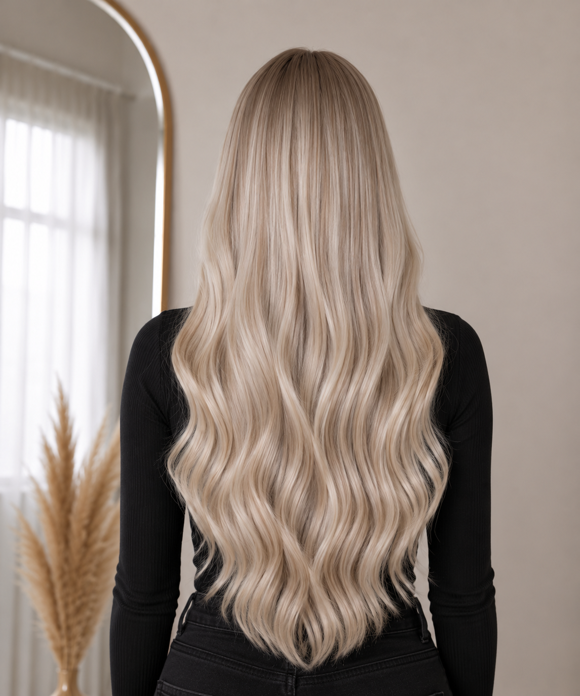 PREMIUM INVISIBLE WEFT #18A/1001P PEARL BEIGE BLONDE / PÄRLBEIGE BLOND - modellbild bakifrån