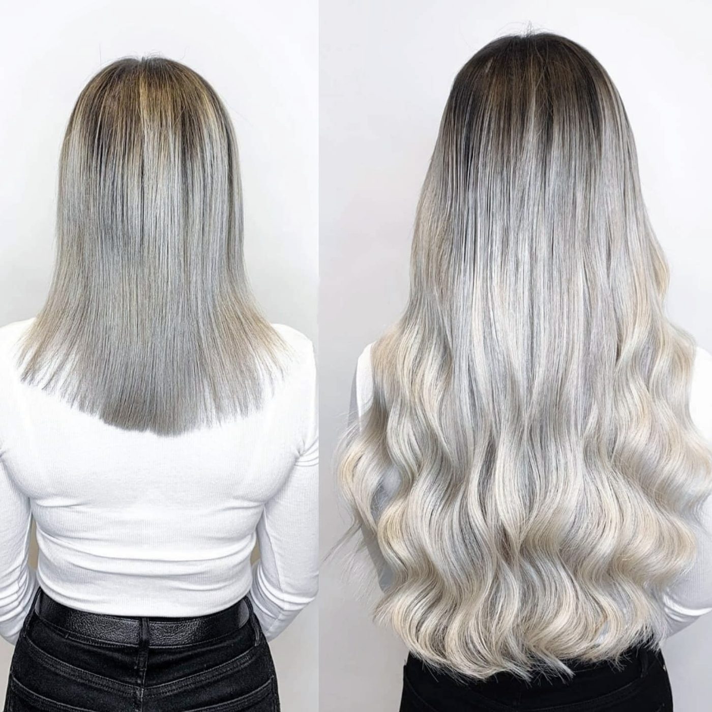 Före och efter hos XoExtensions: axellångt askblont hår till vänster och långt isblont hår med stora vågor efter 150 gram invisible weft till höger.