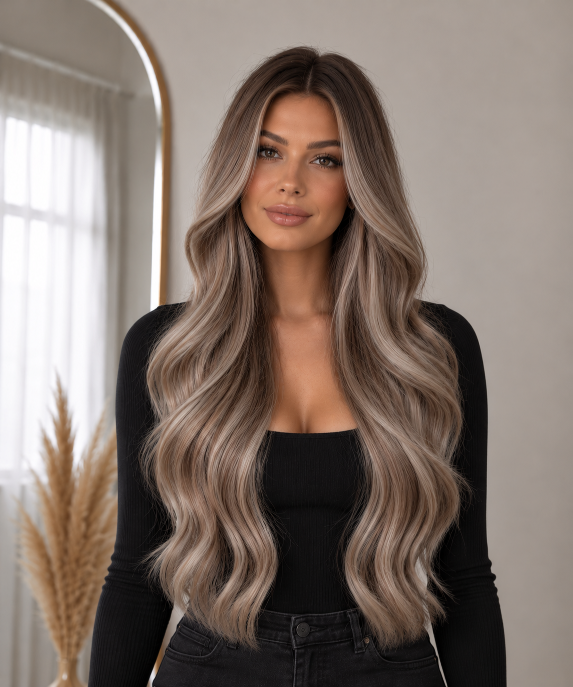PREMIUM INVISIBLE WEFT #TFV Soft Ash Brown / Mjuk askbrun - modellbild framifrån