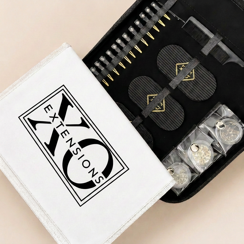 Visualisering av XO Academy Start Kit - vit kitväska med professionella verktyg för extensions