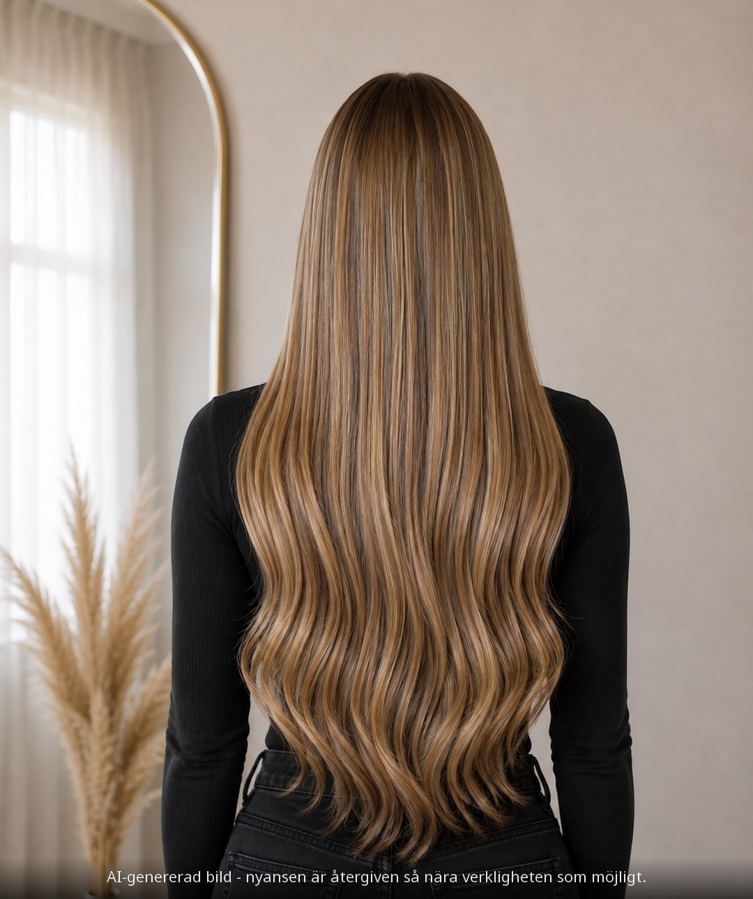 TAPE EXTENSIONS #6/18 CARAMEL HIGHLIGHTS / BRUNSLINGAD BLOND - modellbild bakifrån